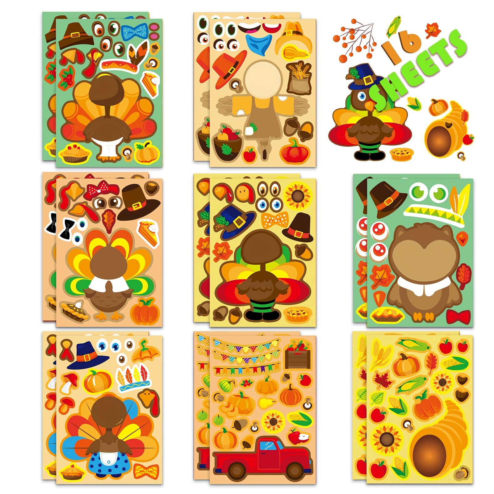 Art And Craft Autumn - 8/16장 추수감사절 칠면조 스티커 어린이 얼굴